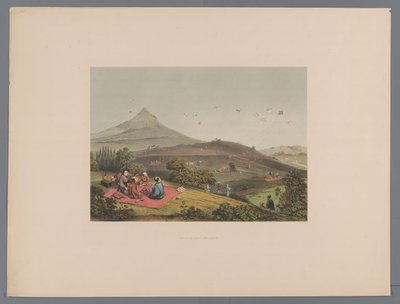 Dragekamp i et japansk kupert landskap Lutte de cerf volanger (tittel på objekt) Souvenir du Japon vues d