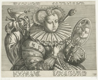 Kvinne med speil og narr: tegneserie på den dyrebare stive ruffen, ca. 1600 av Anonymous