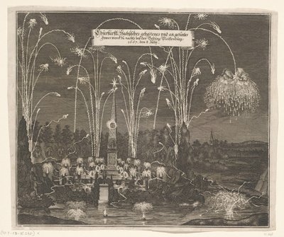 Fyrverkeri ved Pleißenburg, 8. juli 1667 Churfürstl: Sachsisches gehaltenes und an gezentes Fewer werck zu nachts beij festningen Pleissenburg, 1667, 8. juli (tittel på objekt) av Anonymous
