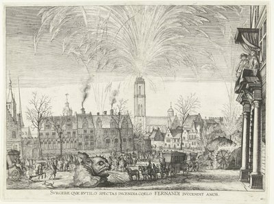 Vuurwerk; intocht van Ferdinand te Gent i 1635 (nr. 41) Reis deg opp, som du ser på den brennende ilden på himmelen Fernandis kjærlighet antennes (tittel på objekt) Et bilde av nattbrannene i Hippodromen og tårnet av Anonymous
