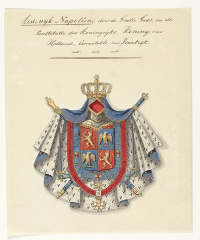 Våpenskjold til Louis Napoleon Bonaparte, konge av Holland Louis Napoleon, ved Guds nåde, og kongerikets grunnlov, konge av Holland, Connectable av Frankrike (tittel på objekt) av Anonymous