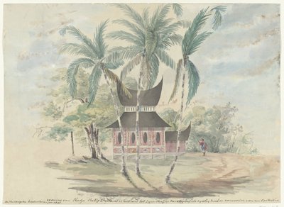 Huset til Radja Batipo, revet og brent til hans straff og tukt som leder og leder av opprøret i Padangsche Bovenlanden i år 1841 (tittel på objekt) av Anonymous