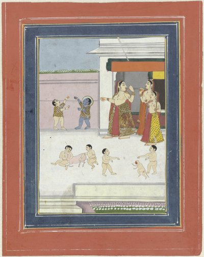tre kvinner og barn som leker med Krishna av Anonymous
