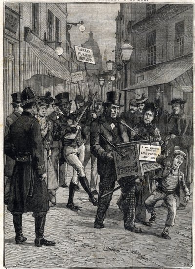 En tigger kalt Viscount Hinton, en barbarisk orgelspiller i Londons gater, ble millionær etter faren Lord Pouletts død, som leide ham formuen hans. Gravering. I "" Le Petite Parisien"", 12.02.1899. Privat samling. av Anonymous Anonymous