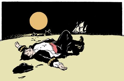 En kaptein drept av pirater blir forlatt på en øy, piratskipet beveger seg bort i horisonten Illustrasjon fra "The Boys Books of Pirates"" 1913 av Anonymous Anonymous