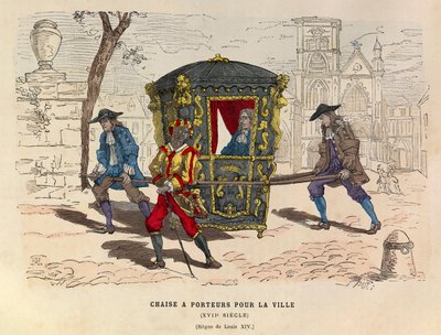 En stol med bærere for byen under kong Louis XIV på 1600-tallet - Sedan-stol for bruk i byen, regjeringstid til kongen Ludvig XIV av Frankrike 1600-tallet - privat samling av Anonymous Anonymous