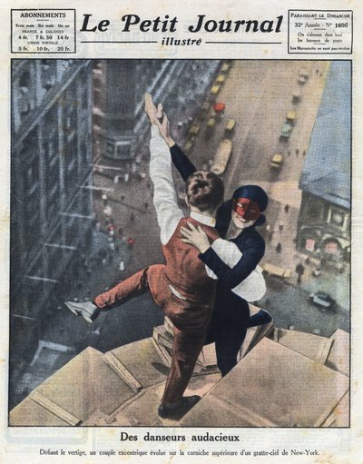 A couple of extreme dancers, evolve on the ledge of a skyscraper in New York. Illustration taken from “Le petit journal illustré” of 21/08/1921. Private Collection av Anonymous Anonymous