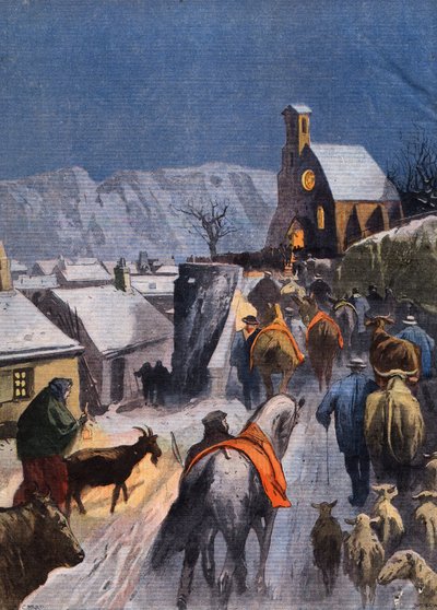 A custom in the Cevennes: Christmas of the Betes. Engraving from the newspaper “” Le Peute Parisien””, on 27/12/1908. Private collection. av Anonymous Anonymous