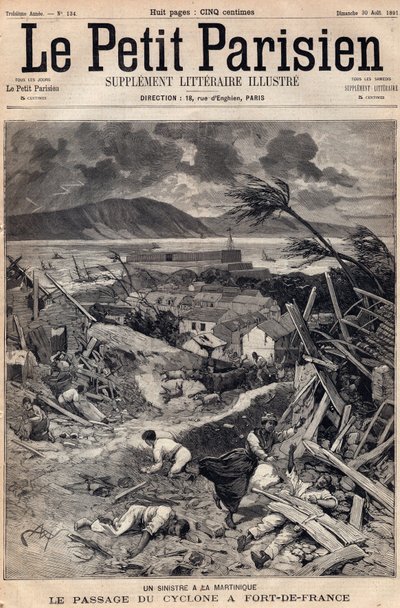 En katastrofe på Martinique: syklonens passasje ved Fort-de-France (Fort de France) i 1891. Gravering i "" Le petit Parisien"" fra august 1891. Privat samling. av Anonymous Anonymous