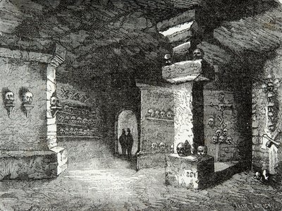 Et galleri med katakomber i Paris på 1800-tallet, Gravering, Privat samling av Anonymous Anonymous