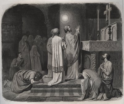 En globus av ild dukker opp over SAINT MARTIN eveque de Tours (316-397) mens han jobber. Gravering fra 1846 i "" Lives of the saints"". Privat samling. av Anonymous Anonymous