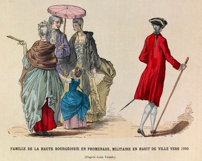 En familie av det høye borgerskapet som går og en soldat i bykjole i 1760 (regne av kong Louis XV) - privat samling av Anonymous Anonymous