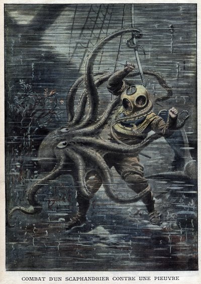 En enorm blekksprut lykkes nesten i å overvinne den amerikanske dykkeren Martin Lund - En gigantisk blekksprut angriper den amerikanske dykkeren Martin Lund - Battle of a Scaphandrier Against an Octopus - "" The Petity Journal" av Anonymous Anonymous