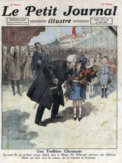 En liten jente tilbyr en bukett i trefarger til republikkens president Alexandre Millerand under en av hennes forflytninger i Rhone. Illustrasjon hentet fra "" Le petit journal"" fra 27.03.1921. Privat samling av Anonymous Anonymous