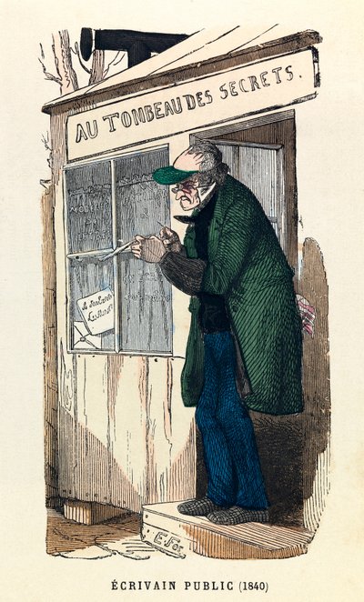 En offentlig forfatter i 1840 i Paris, gravering, privat samling - En offentlig forfatter i Paris av Anonymous Anonymous
