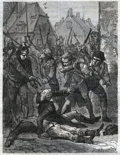 En scene i perioden med den franske revolusjonen: Theobald de Dillon (1745-1792) og en genieoffiser ved navn Berthois, ble massakrert av soldatene og folket i Lille, som anklaget dem for forræderi. Gravering fra 1866 i «Histoire de la Revolution fr av Anonymous Anonymous