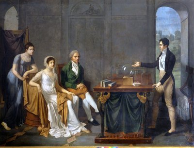 En vitenskapsmann (sannsynligvis Alessandro (Alexandre) Volta) gjør et vitenskapelig eksperiment foran Melzi Deril-familien. Anonymt maleri. . av Anonymous Anonymous
