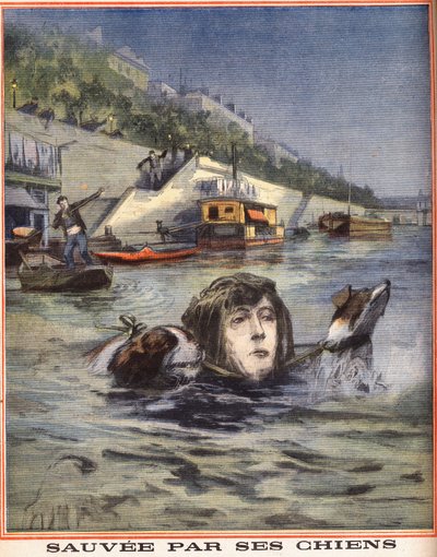 En kvinne faller i Seinen blir reddet av hundene sine i Paris. Gravering i "" Le petit parisien"" 14.08.1910. Privat samling. av Anonymous Anonymous