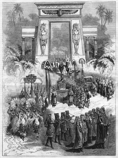 Akt II av stykket, Aida. Storslått opera i fire akter og syv malerier av Giuseppe Verdi (1813-1901) spiller på det italienske teatret i Paris. Gravering i "" L