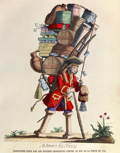 Beundre La Force-karikaturen laget av drogistene i Paris mot hertugen av La Force i 1721 (regne av kong Louis XV) - privat samling av Anonymous Anonymous