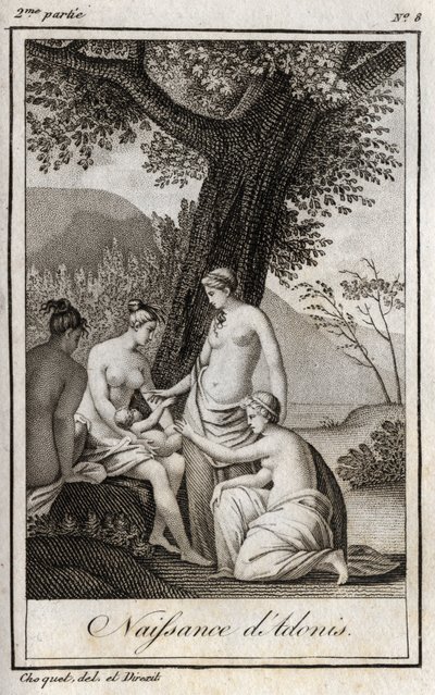 Adonis er født. Gravering fra 1819 i «Lettres a Emilie sur la mythologie» av Charles Albert Demoustier (1760-1801). Privat samling. av Anonymous Anonymous