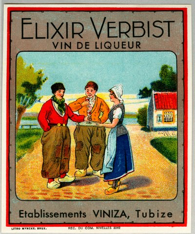Annonse for brennevin Elixir verbist (kromolitografi) av Anonymous Anonymous