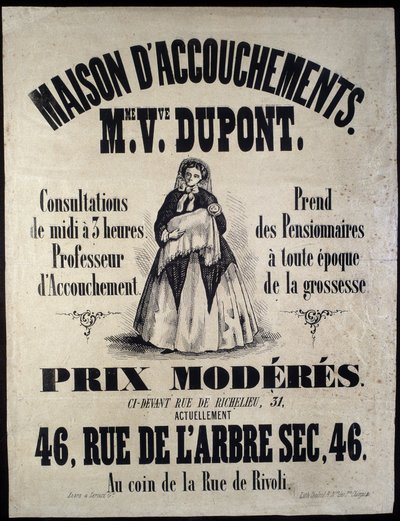 Annonsering for et fødehjem (barsel) i Paris i 1850. Madame Dupont, lave priser på 46 rue de l