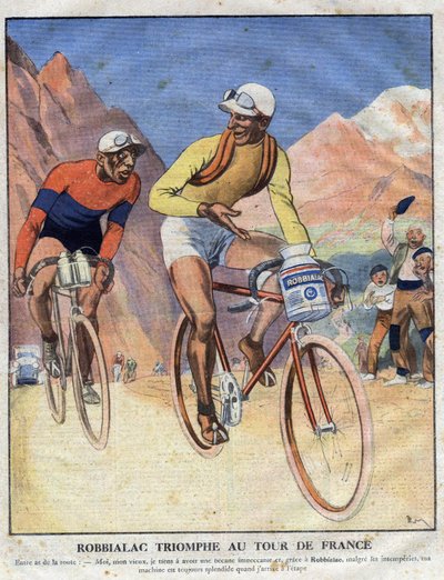Advertising for the painting Robbialac: “” Robbialac triumph at the Tour de France””. A cyclist sells the merites of Robbialac paint for his bike. Engraving. One of “The Little Journal Illustrates” av Anonymous Anonymous