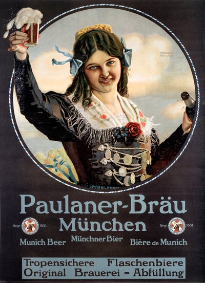 Reklameplakat for Paulaner-ølene produsert i Tyskland av Anonymous Anonymous