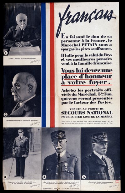Advertising poster for the sale of portraits of Marshal Philippe Petain during the Second World War and praising Petain (sold for the benefit of national relief to combat poverty) av Anonymous Anonymous
