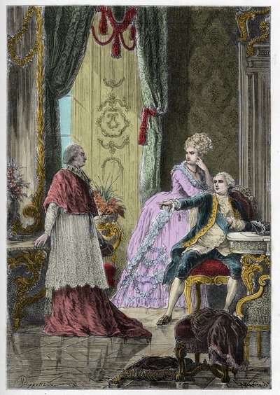 Affair of the Queen's Necklace (1785-1786): Kardinal Louis Rene Edouard de Rohan (1734-1803) før kong Louis XVI (1754-1793) og dronning Marie Antoinette (1755-1793) av Anonymous Anonymous