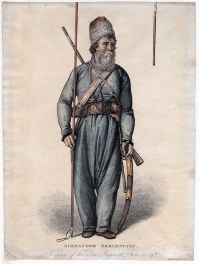 Alexander Zemlyanukhin, kosakk fra Don-regimentet - Anonym - ca 1813 - Etsning, akvarell - 34,3x25,3 - Privat samling av Anonymous Anonymous