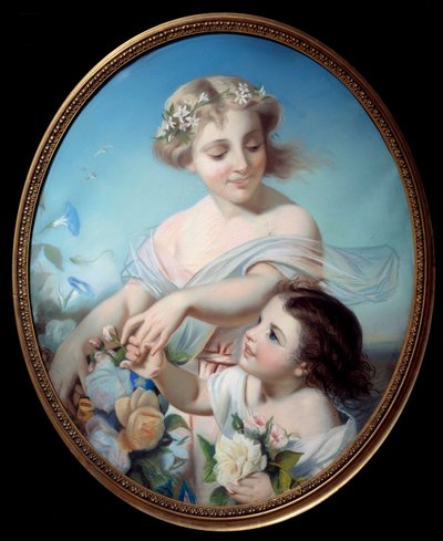 Allegori om sommeren En mor og hennes barnebarn holder buketter med blomster. Anonymt maleri. Rouen fra 1700-tallet, Musee des Beaux Arts av Anonymous Anonymous