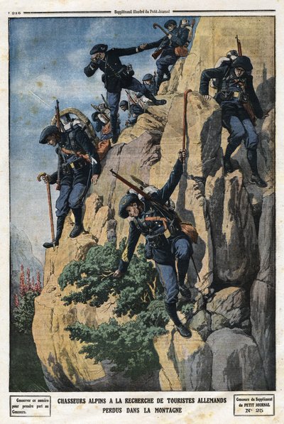 Alpejegere på jakt etter tapte tyske turister. De ønsket å gå til fjellet Nero (Helmet du Nero) i Chartreuse-massivet. Gravering i "" Le Petite Journal"", 7.07.1912. Privat samling. av Anonymous Anonymous