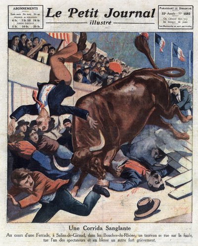 En ulykke under en tyrefekting i Salins-de-Giraud (Salins de Giraud) (Bouches du Rhone), en okse faller ut i mengden som skader en av tilskuerne. Illustrasjon fra “” Le petit journal”” fra 17.04.1921, privat samling av Anonymous Anonymous
