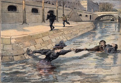En genial redning: nær broen til Den hellige far, blir en kvinne som har falt ut i noten, reddet av en mann som hjalp en annen kvinne. Gravering fra avisen "" Le Petite Parisien "", 8/03/1908. Privat samling. av Anonymous Anonymous