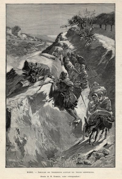 Andjera-fjellopprøret i Marokko: bakhold av Angherrister som venter på sheriff-tropper. Gravering i “Le monde illustree”” fra 1892. Privat samling. av Anonymous Anonymous