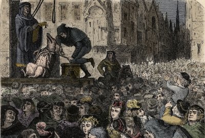 Dyreforsøk - Les proces d' Animaux au Moyen Age - Execution de la soy infanticide de Cliaise - Dyreforsøk i middelalderen - Henrettelse av barnemordpurka av Falaise - gravering fra "" L'homme et la bete" av Arthur Mangin - 1872 - av Anonymous Anonymous