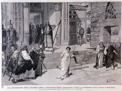 Antigone dømt til døden. Scene fra stykket Antigine, med musikk av Camille Saint-Saens, fremført i Paris av Anonymous Anonymous