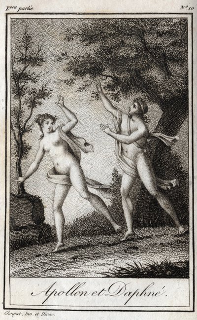 Apollo and Daphne. The nymph Daphne turns into a laurel to escape Apollo. Engraving from 1819 in “Lettres a Emilie sur la mythologie” by Charles Albert Demoustier (1760-1801). Private collection. av Anonymous Anonymous