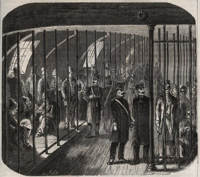 Ankomst av styrkene om bord under konvoien fra Toulon til Cayenne (Guyana) i henhold til dekretet av 8. desember 1851. Inngravering i "Historien om fengslene fra deres opprettelse til i dag" (1877) av Pierre Zaccone (1817- 1895) (Colonia Penale - Penal co av Anonymous Anonymous