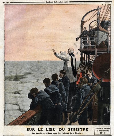 På åstedet for katastrofen, de siste bønnene for ofrene for Titanic. På sin første reise fra Southampton til New York, traff det britiske transatlantiske ruteflyet «The Titanic» et isfjell natt til 14. april av Anonymous Anonymous