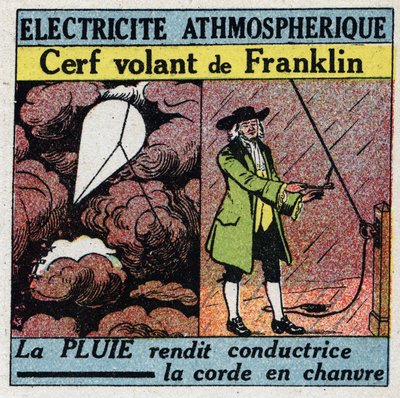 Atmosfærisk elektrisitet: Benjamin Franklins flygende hjort (1706-1790) sommeren 1752. Anonym illustrasjon fra 1925. Privat samling. av Anonymous Anonymous