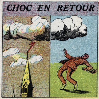 Atmospheric electricite: shock in return. A man is electrocute because he is in the field of influence of a lightning zone. Anonymous illustration from 1925. Private collection. av Anonymous Anonymous