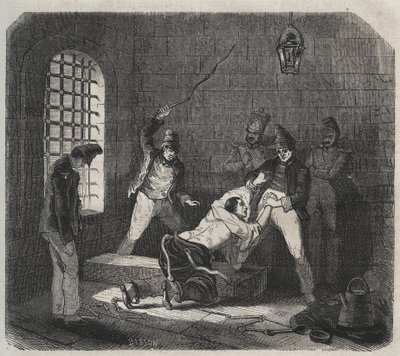 Prison of Brest: caning. Gravering i «Fangernes historie fra deres skapelse til i dag» (1877) av Pierre Zaccone (1817-1895) (Colonia Penale - Straffekoloni). Privat samling. av Anonymous Anonymous