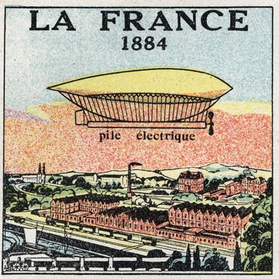 Balloons: the airship “” La France”” in 1884 using the electric battery invented by the French Renard and Krebs. Anonymous illustration from 1925. Private collection. av Anonymous Anonymous