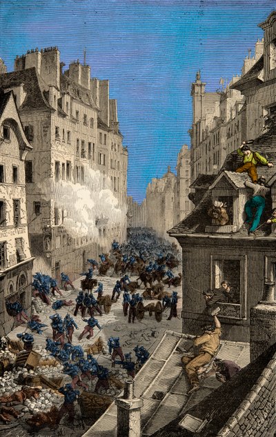 Slaget ved barrikaden av Rue Saint Antoine i 1830, gravering, privat samling av Anonymous Anonymous