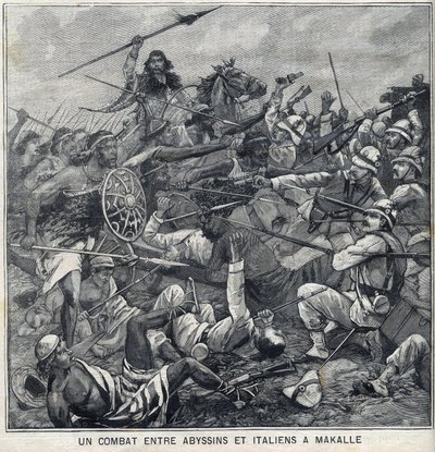 Battle between Abyssins of Menelik II and Italians in Makalle, Ethiopia. Engraving in “” Le Petite Parisien”” av Anonymous Anonymous