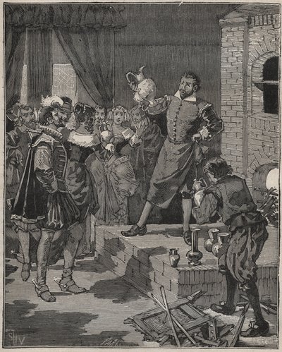 Bernard Palissy (1510-1589), fransk triumferende keramiker, fjerner sine første emaljebiter fra ovnen. Gravering fra 1880 i "" Les arts et metiers illustres"" av Adolphe BITARD. av Anonymous Anonymous