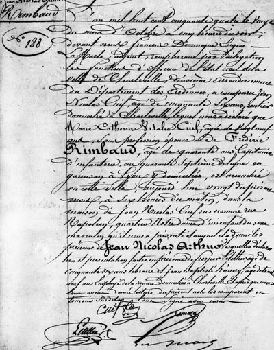 Fødselsattest til Arthur Rimbaud (1854-1891), fransk poet Charleville, Musee Rimbaud. av Anonymous Anonymous